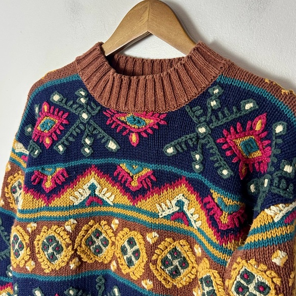 Vintage Paul Harris Brown Navy Boho Folk Tapestry Knit Sweater Small Indie 90s - Picture 4 of 9